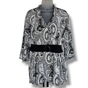 R&M Richards Paisley Tunic Top Black White Belted Waist 18WP Petite Dressy Fairy